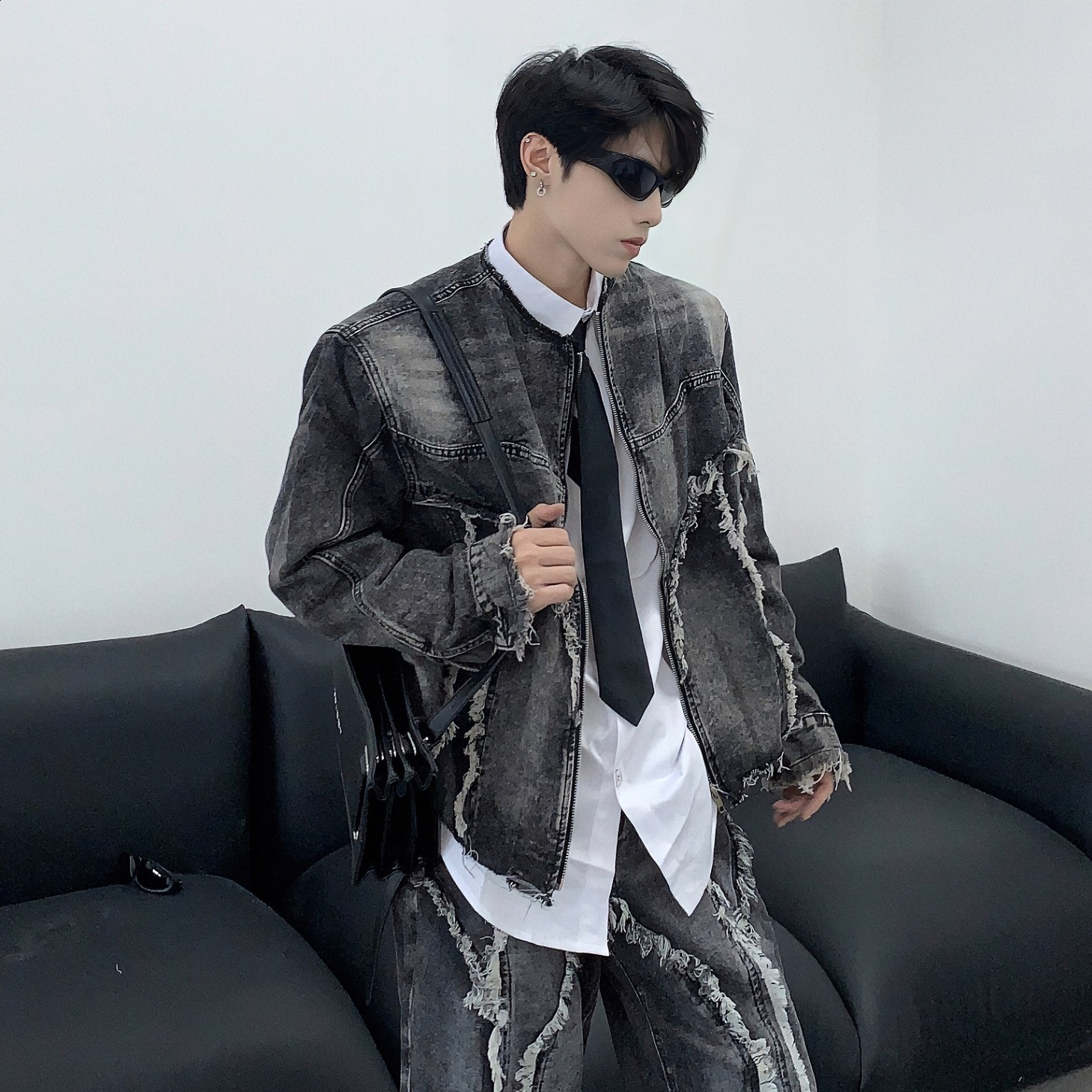 Streetwear Mens Clothing Harajuku Punk Striped Embroidered Denim Jacket Coat Goth Black Straight Pockets Skull Graphic Trousers 250221