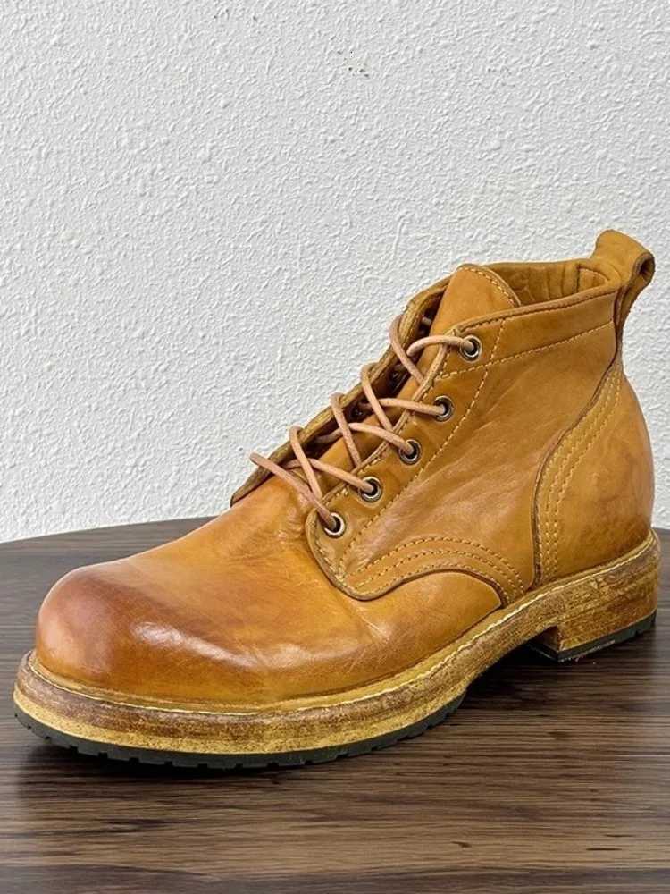 Handmade Vintage Horsehide Genuine Leather Boots Men High Top Work Cargo Shoes Casual High Street Mens Motorcycle Short Boots W250811