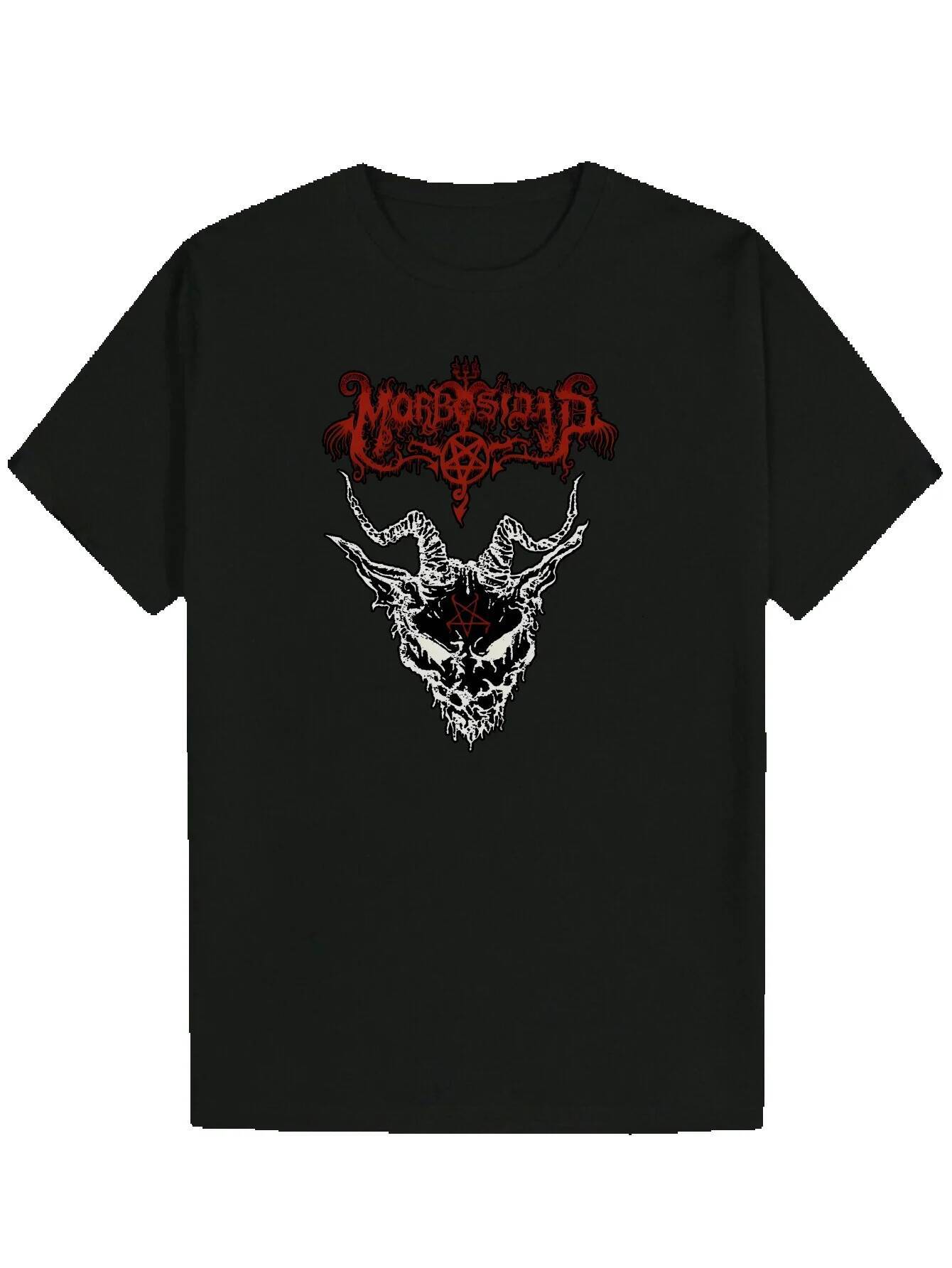 Men's Round Neck Polyester T-Shirt with Gothic Skull Crossbones Pattern, Red and Black, Regular Fit, Breathable Fabric, Perfect for Wear, Summer