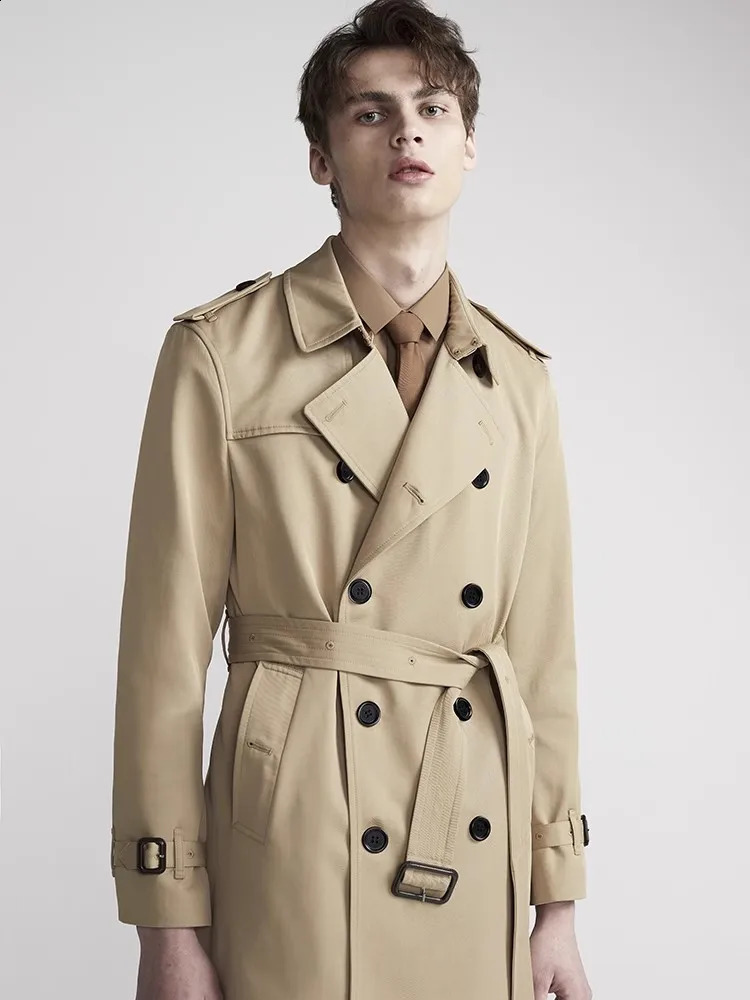 Mauroicardi Spring Autumn Long Chic Khaki Trench Coat Men Belt Double Breasted Elegant British Style Black Overcoat 2025 250729