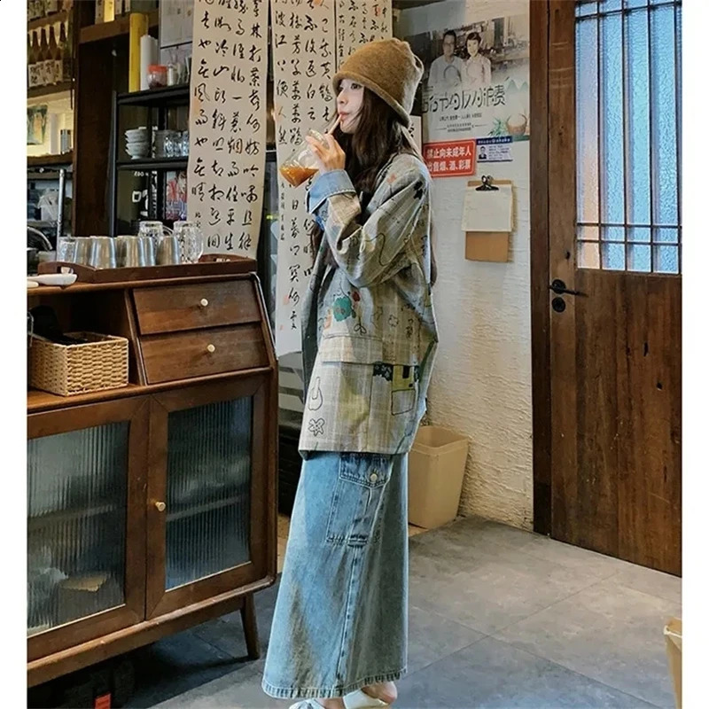 Womens Blazer Jacket Spring Autumn Fashion Graffiti Printed Ladies Lattice Suit Coat Casual Korean Version Lady Outerwear 250811