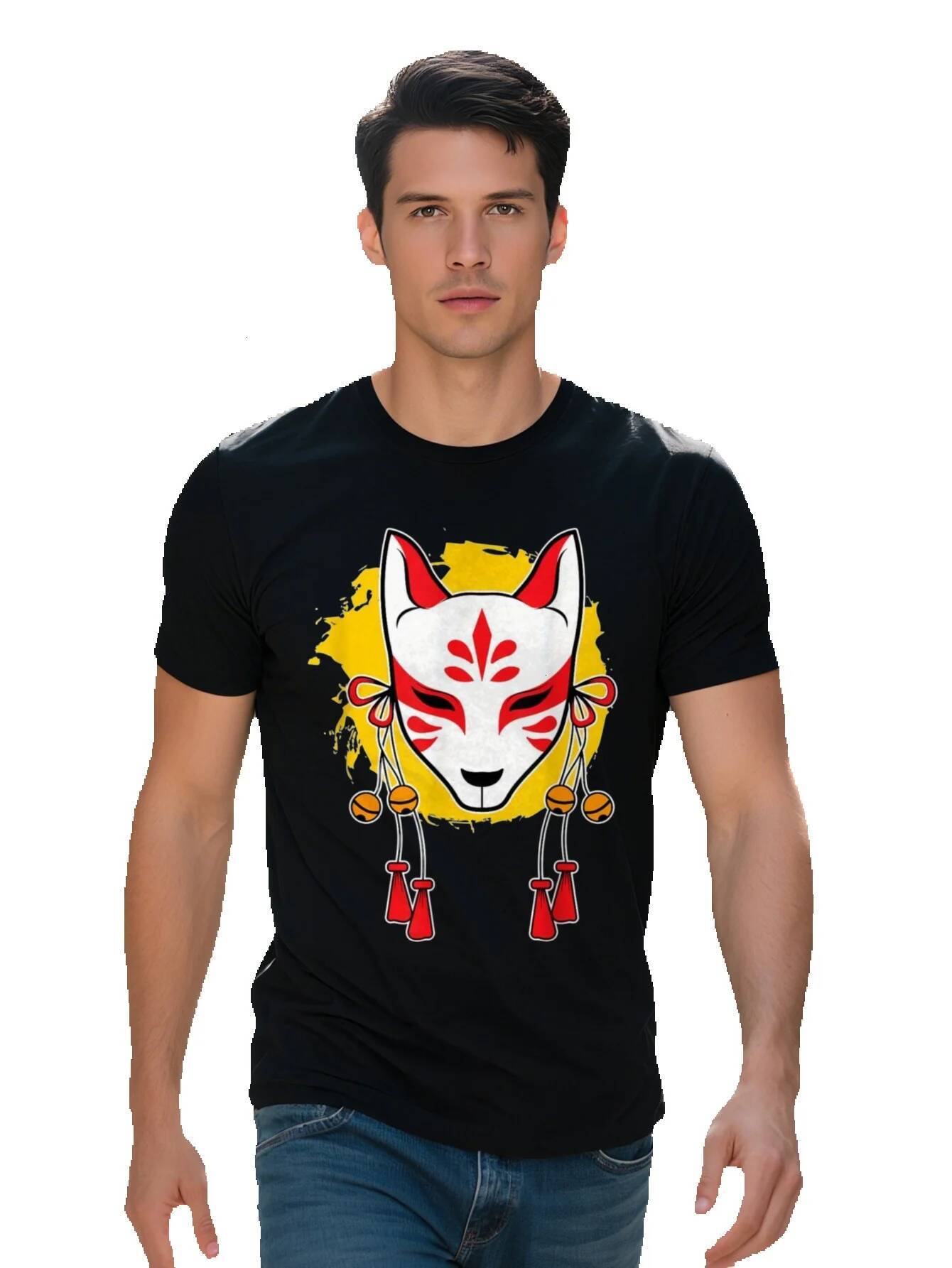 Men s Cotton T Shirt Japanese Anime Kawaii Inari Fox Design Short Sleeve Regular Fit Casual Wear for All 3f050