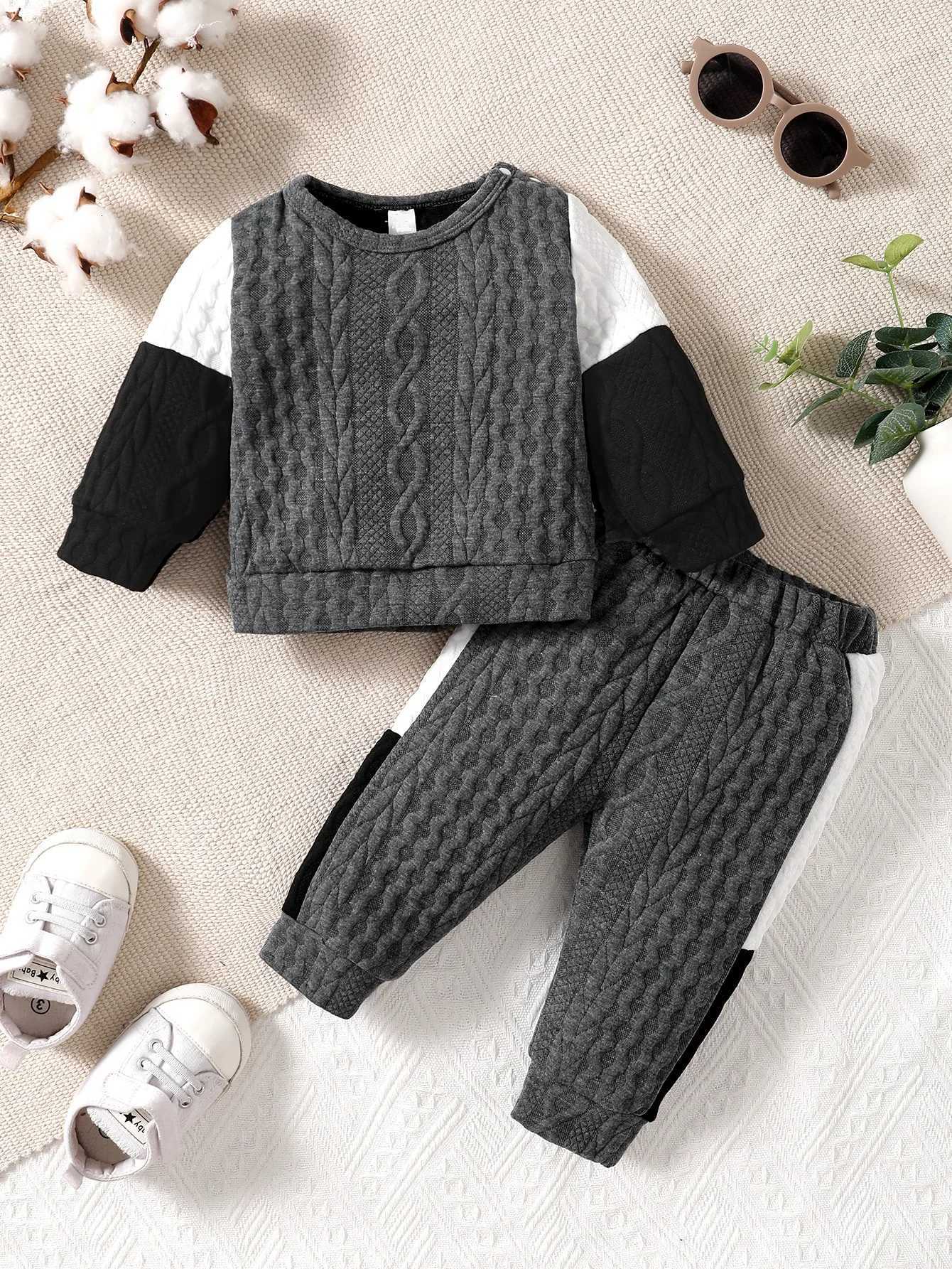 Boys Winter Home Casual Shoulder Buckle Long Sleeve Thick Silk Cotton White Black Grey Stitching Long Sleeve Boys Fashion Set Z250811