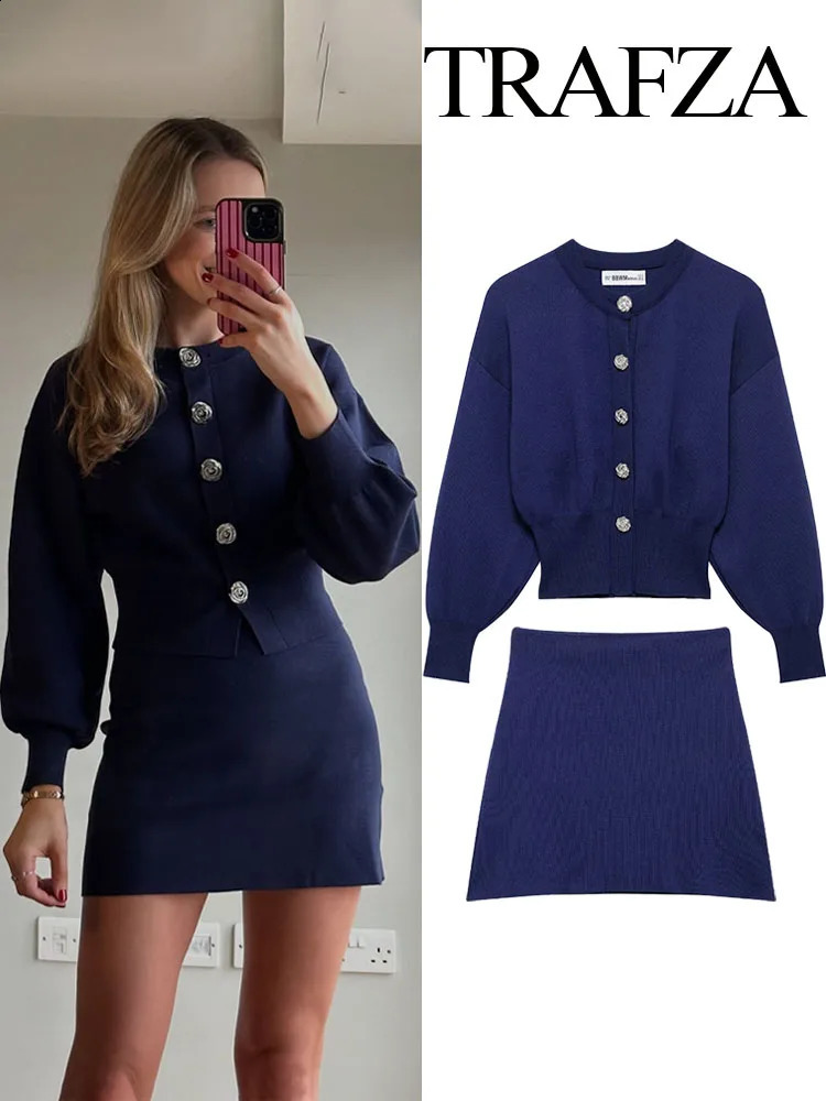 TRAFZA Womens Slim Fit 2 Piece Set Retro Black Knitted Sweater Jacket Fashion High Waist Womens Casual Mini Skirt Streetwear 250811