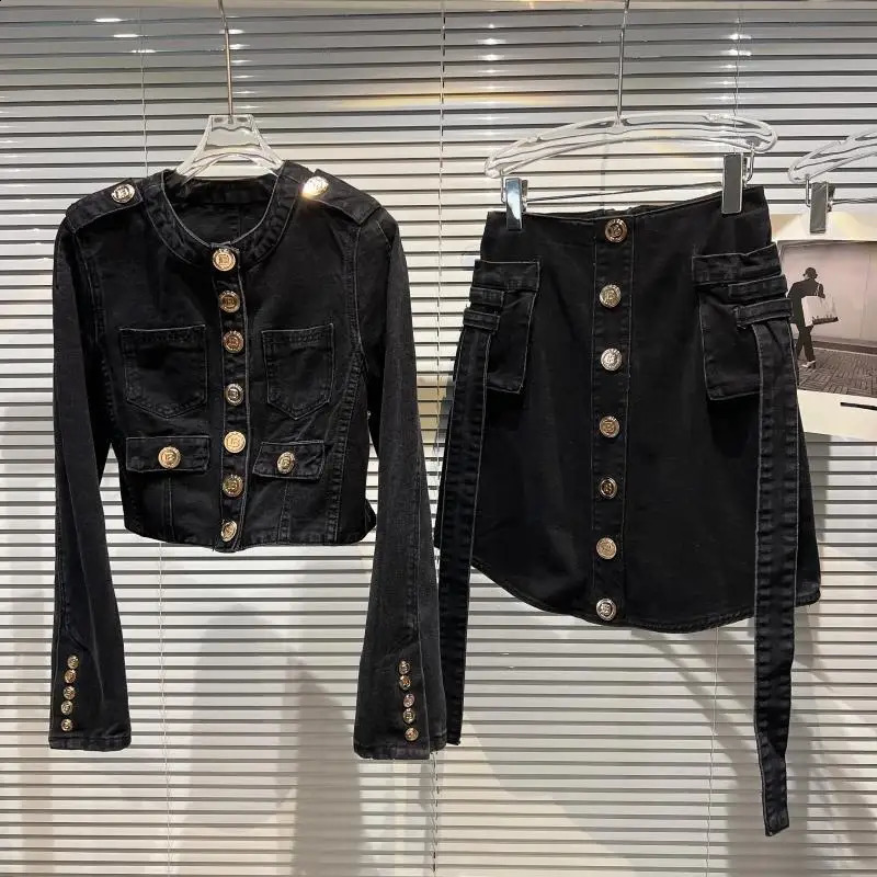 Metal buttons Denim 2 Piece Set Women Spring Autumn Retro Skirt Suits Short Denim Jacket Coat jeans Skirt Two Piece Set Sets 250807