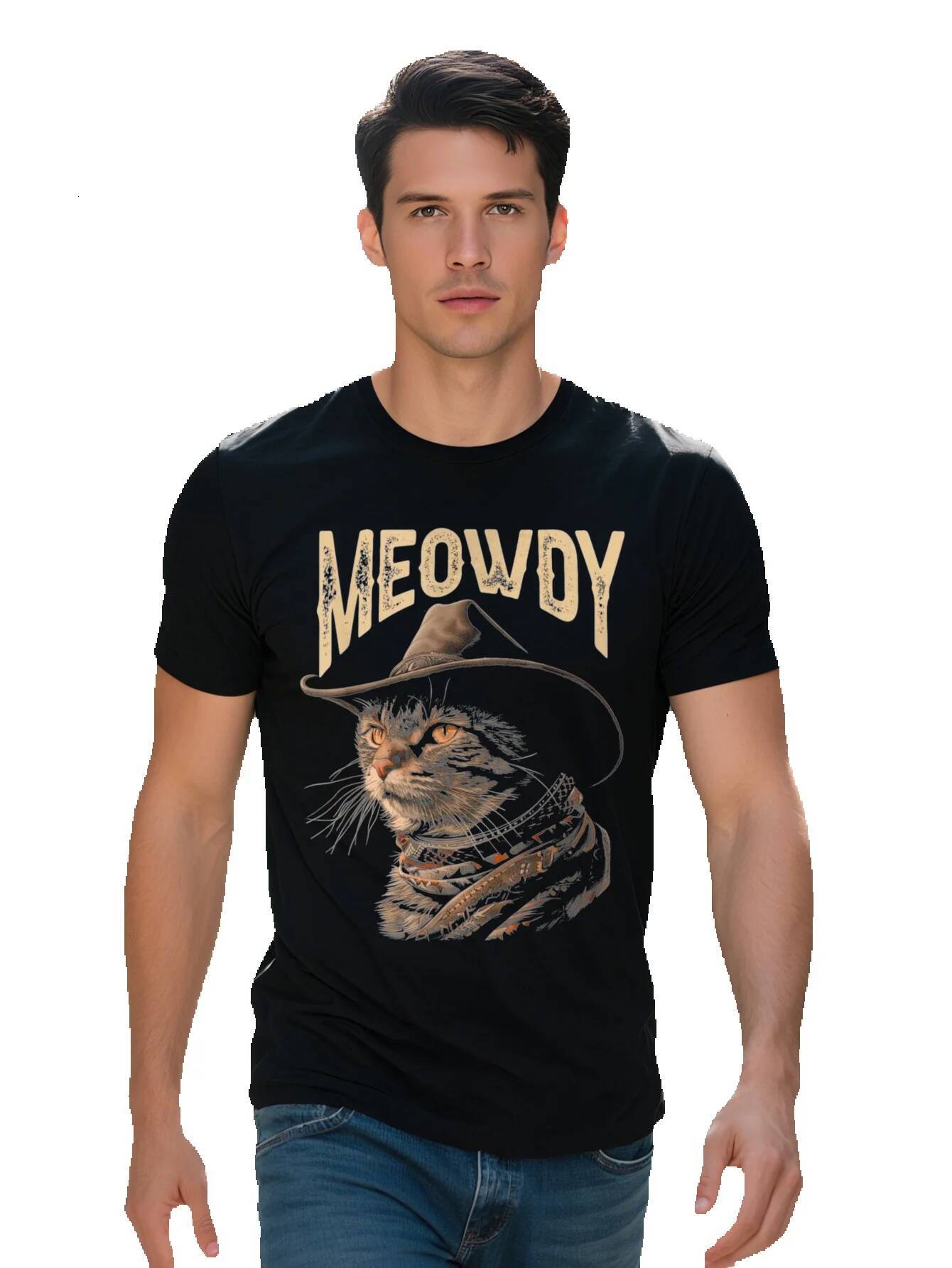 Men s g Cotton T Shirt Black Short Sleeve with Meowdy Cowboy Cat Meme Graphic Digital Print Regular Fit for 8c035