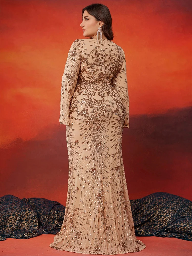 Plus Size y Gold Evening Dresses Women Long Sleeve Mermaid Formal Sequins Prom Wedding Party Cocktail Gowns 250811