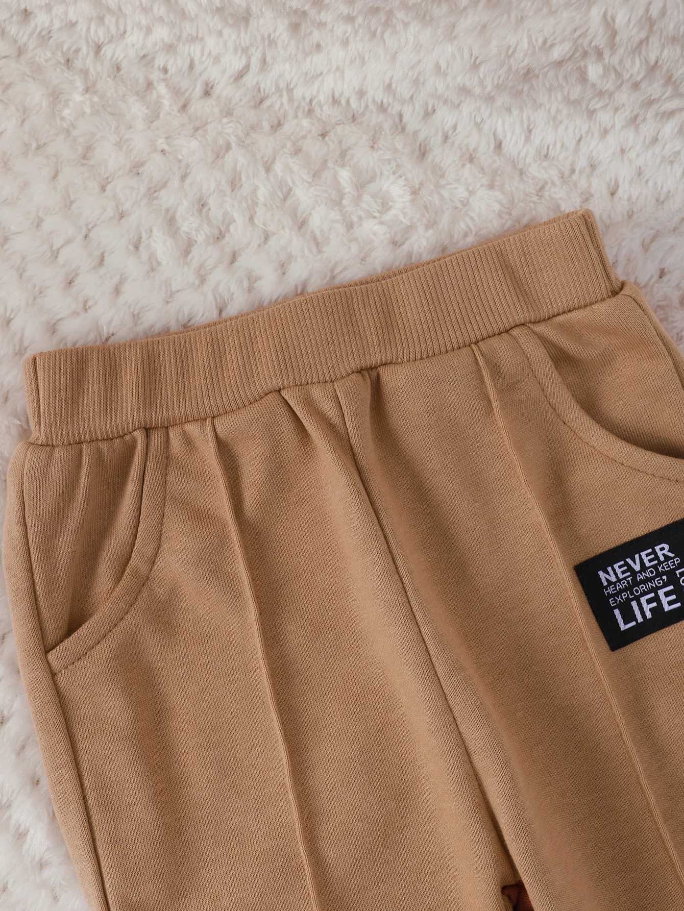 Fashion Khaki Boys And Babies Casual Suit Round Neck Solid Color Simple Style Long Sleeve Hoodie Pullover Pocket Pants Everything Z250811