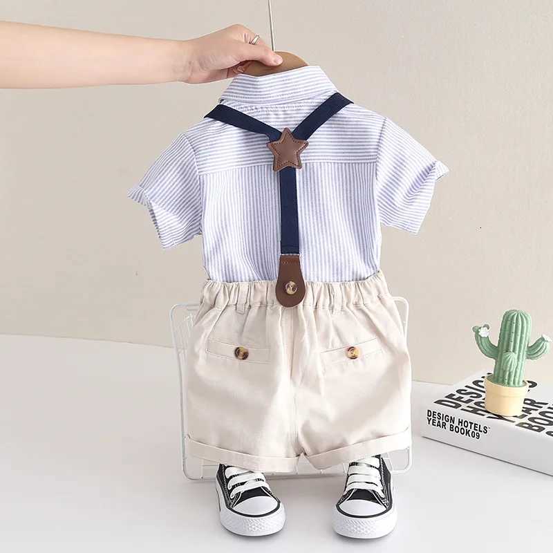 Fashion Summer Children Kids Boys Clothes Blue Strips Shirt Bib Shorts 2Pcs/Set Gentleman Baby Toddler Tracksuits 0-5 Years Z250811