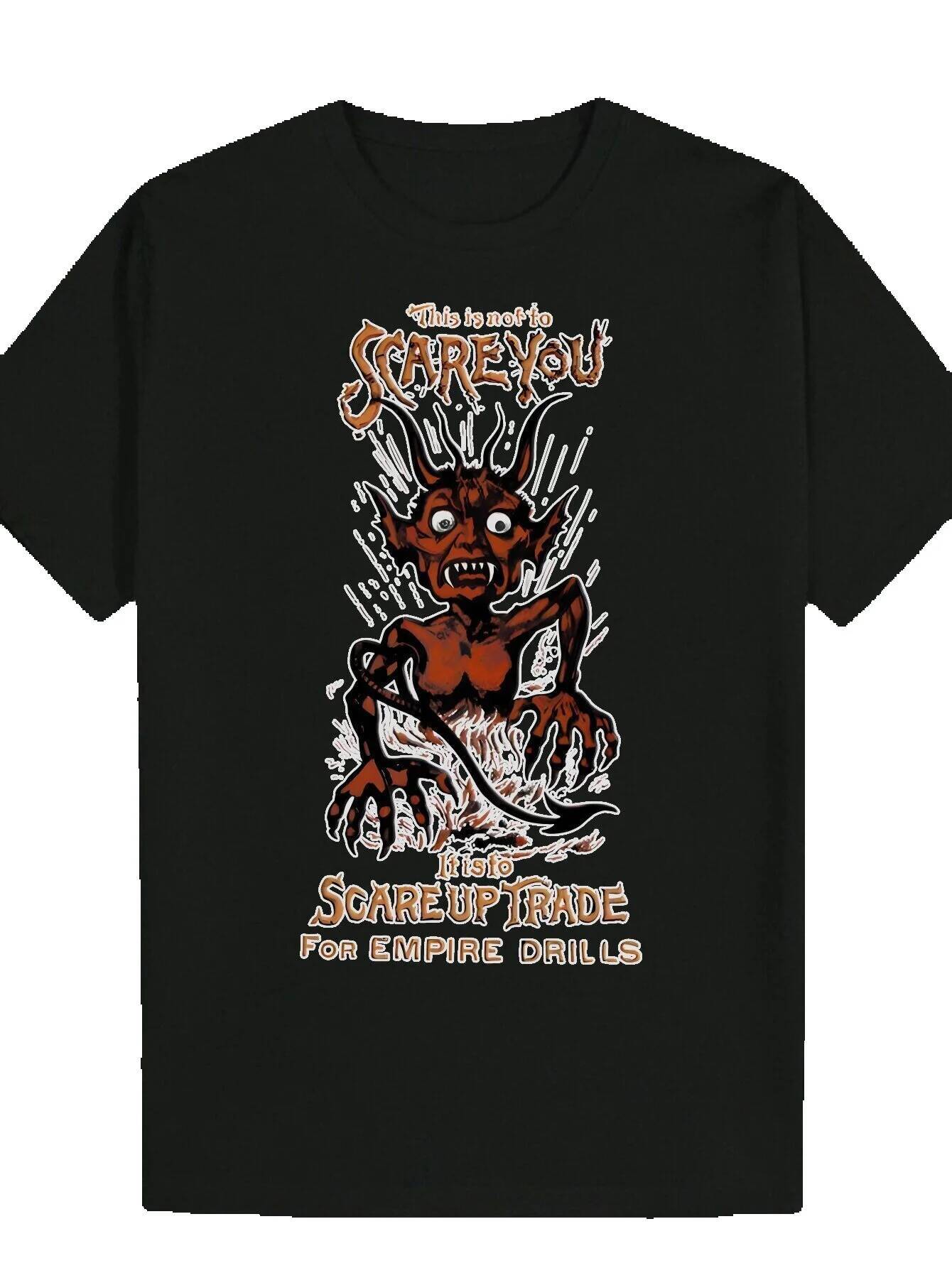 Men's Summer Casual T-Shirt - Black Polyester Fiber with 'SCARE YOU' Pattern, Round Neck, Machine Washable, Monster Design b9965