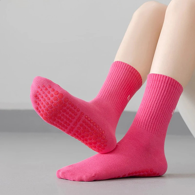 2pcs Cotton Breathable Midcalf Yoga Socks Solid Color Striped Antislip Sports Pilates Dance Fitness Training 250805