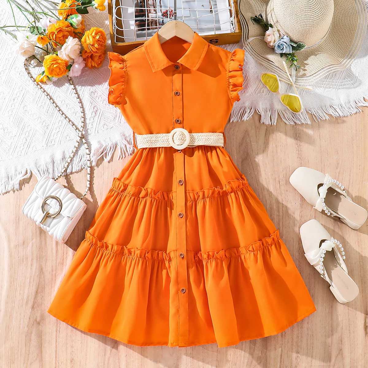 Girls Sunset Orange Dress 2025 Summer New Breathable Linen Blend with Woven Belt - Trendy Outdoor Kids Fashion W250811