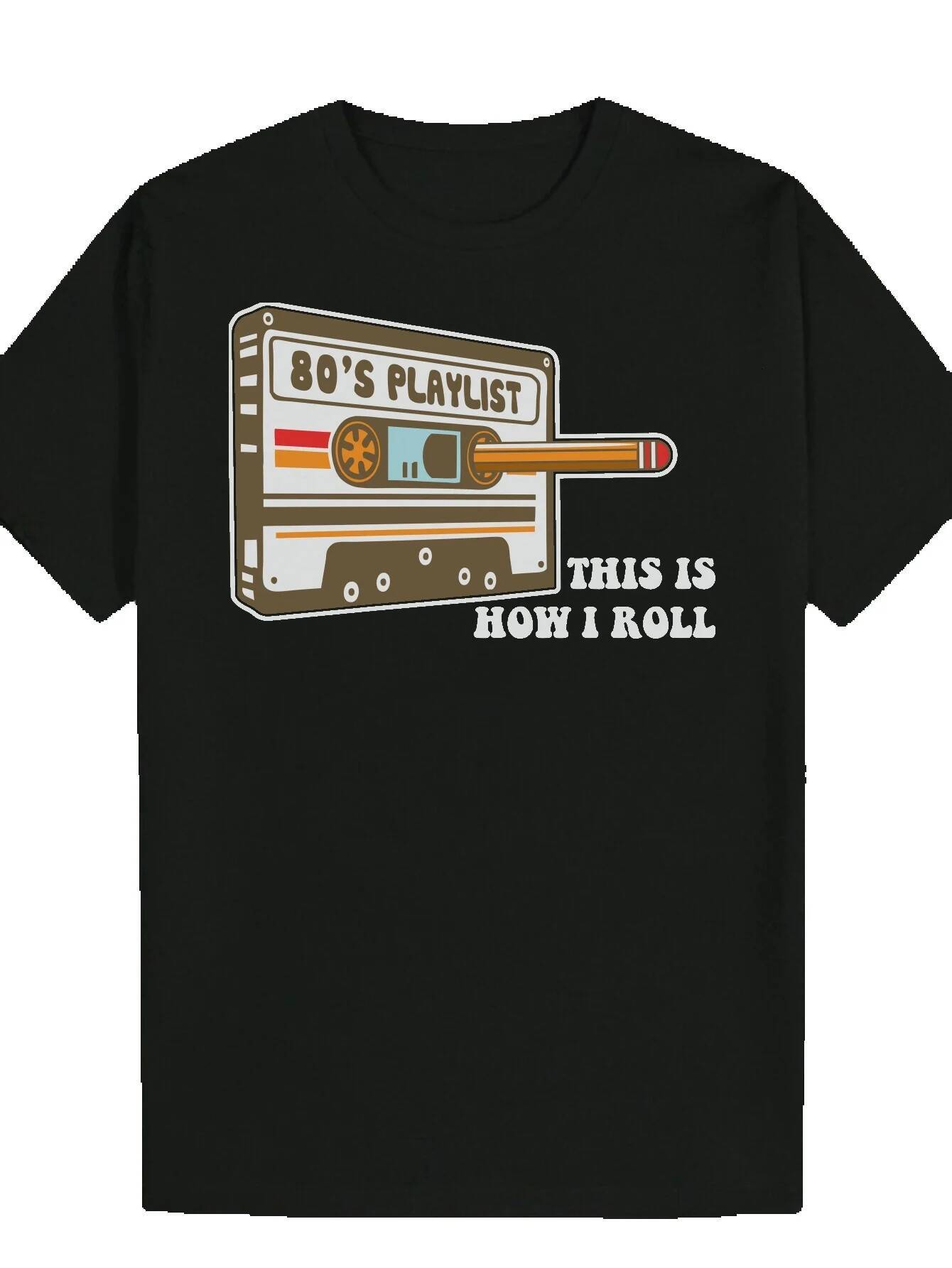 Men's Summer Round Neck Polyester T-Shirt with 80s Cassette Tape Pattern and 'This Is How I Roll' Slogan, Comfortable Fit, Suitable Cas