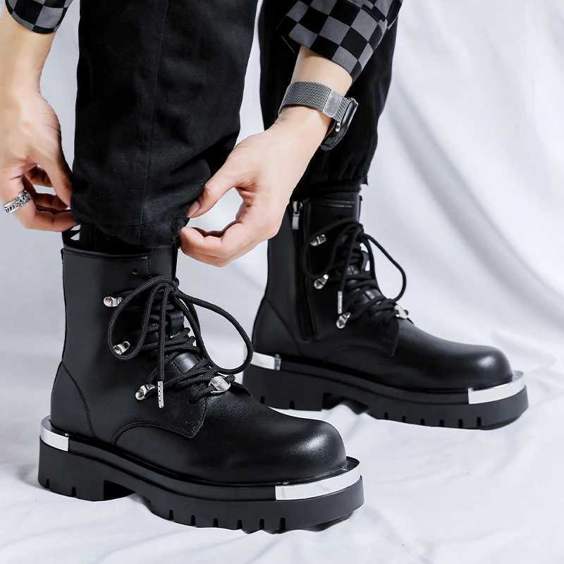 2024 S/A New British Punk Style Leather Boots For Mens Black Hombre Height Increasing Shoes Metal Decoration Fashion Cool Dress W250811