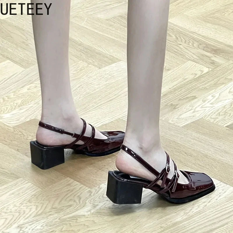 Retro Style Summer Thick Heel Women Sandals Fashion Square Toe Singbacks Shoes Ladies Elegant Party Dress Sandalias 250809
