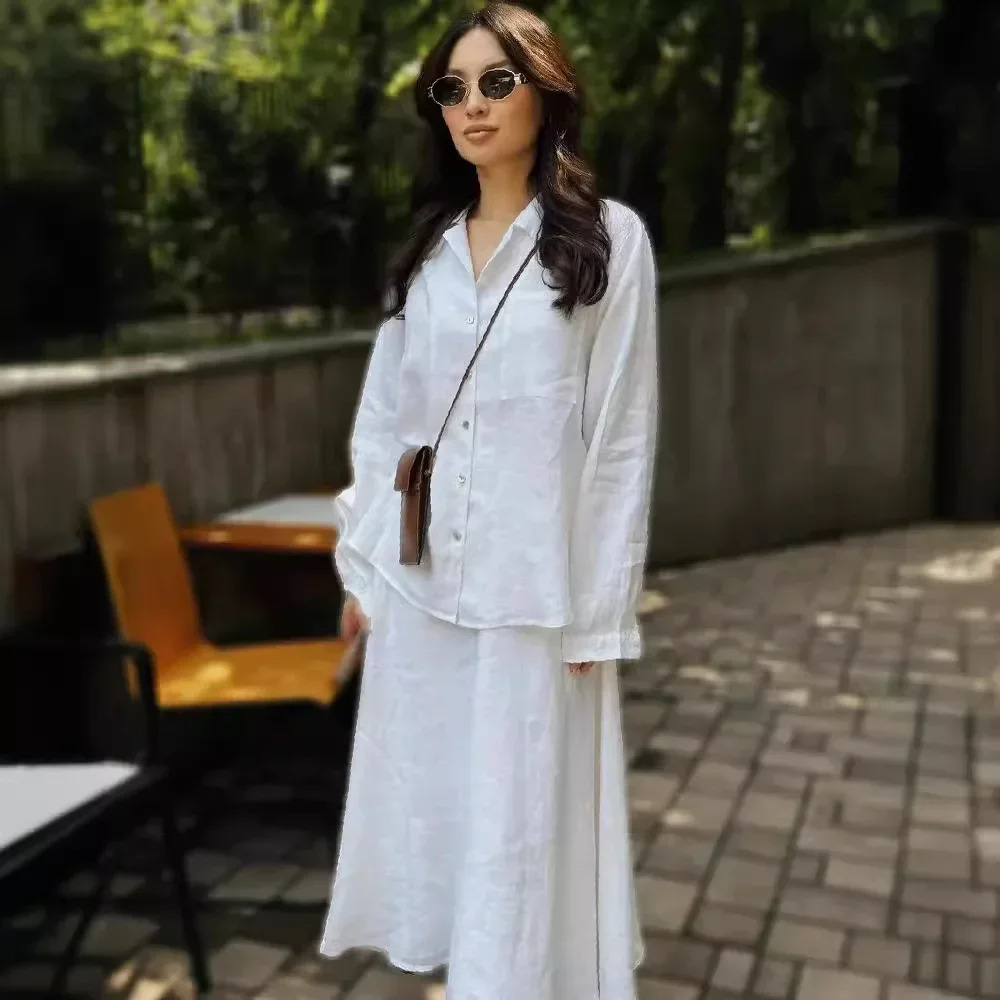 Fashionable Casual Womens Clothing Style Loose Fit Long Sleeve Shirt Solid Color Hemp Cotton Fashion Match Large Skirt 250811