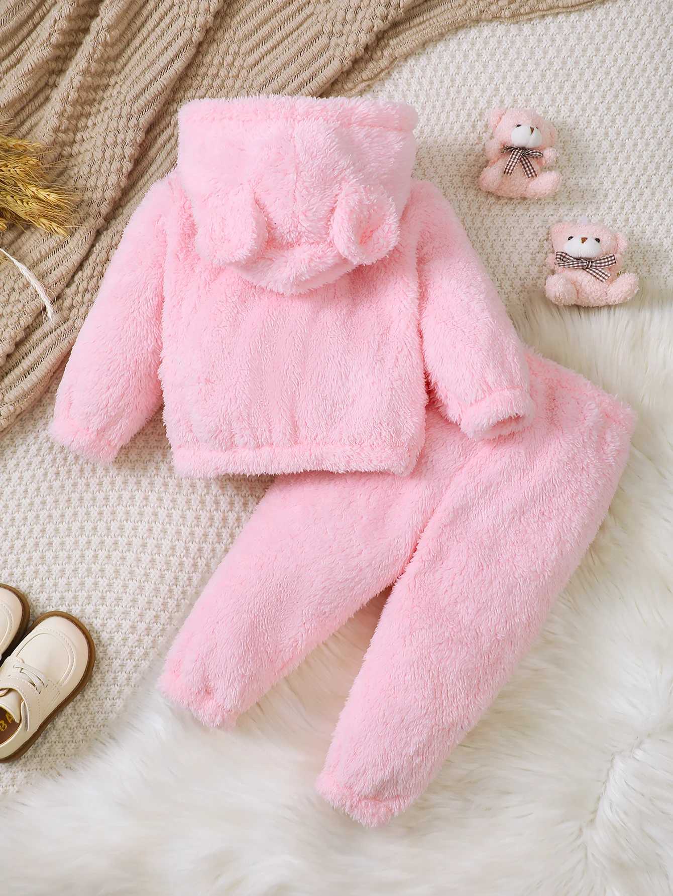 Autumn And Winter Pink Fluffy Set Baby Girls Cute Bunny Figure Hooded Long Sleeve Hoodie Elastic Waist Solid Color Pants Z250811