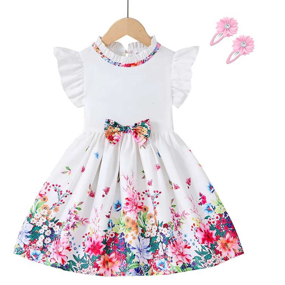 New Kids Girl Dress Summer Floral With Bow Fashion White Vestidos Short Sleeve Children Clothing Outfits Casual Daily Dresses W250811
