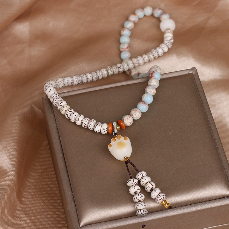 Retro ethnic style temple star moon bodhi double circle carbon coke cat paw pendant bracelet 25811