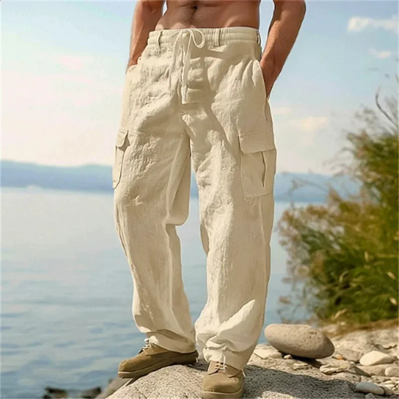 Mens Casual Trousers Loose Comfortable cargo pants Pants Man Cotton Linen multi-pocket Straight trousers Beach thin men Pants 250805