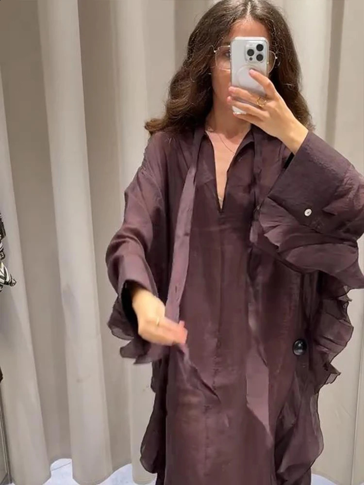 Fashion Patchwork Ruffled Hem Long Dress Women Loose Long Sleeve V-neck Maxi Dresses Summer Lady Vacation Beach Vestidos 250805