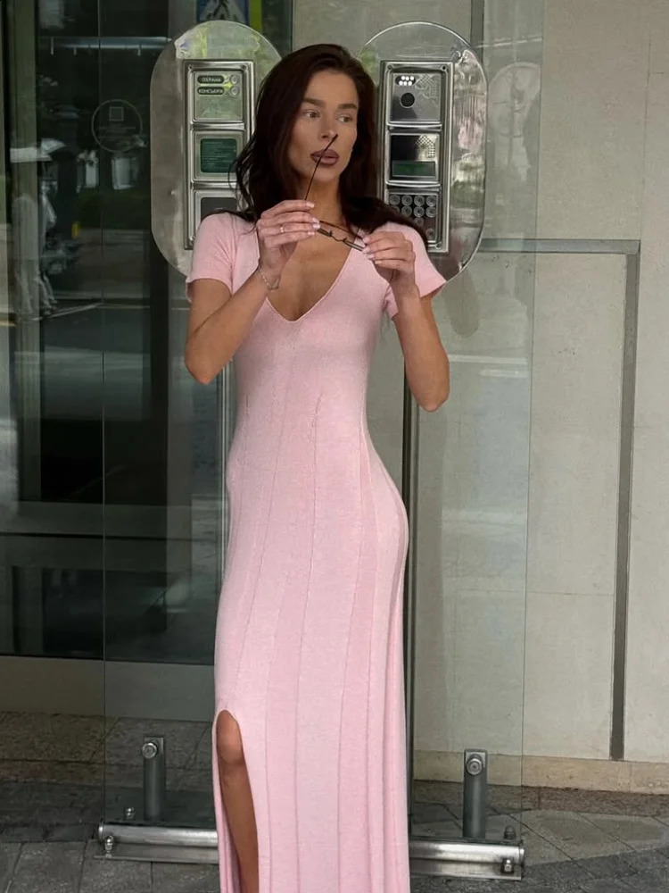 V Neck Short Sleeve Knitted Long Vestido Women Fashion Slit High Waist Slim Fit Maxi Dress High Street Commute Outfits 250805