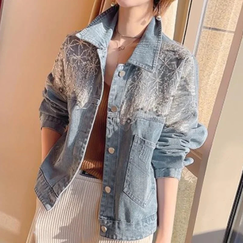 Short Crop Sequin Fashion Small With Rhinestones Diamonds Denim Jacket for Women Trend Collection In Cowboy Coat Woman 250804