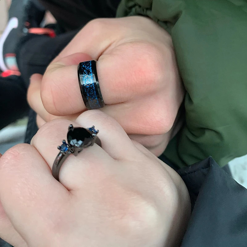 Charm Couple Rings For Men Stainless Steel Celtic Dragon Ring Heart Black Zircon Women Wedding Rings Set Valentines Day Jewelry 250805