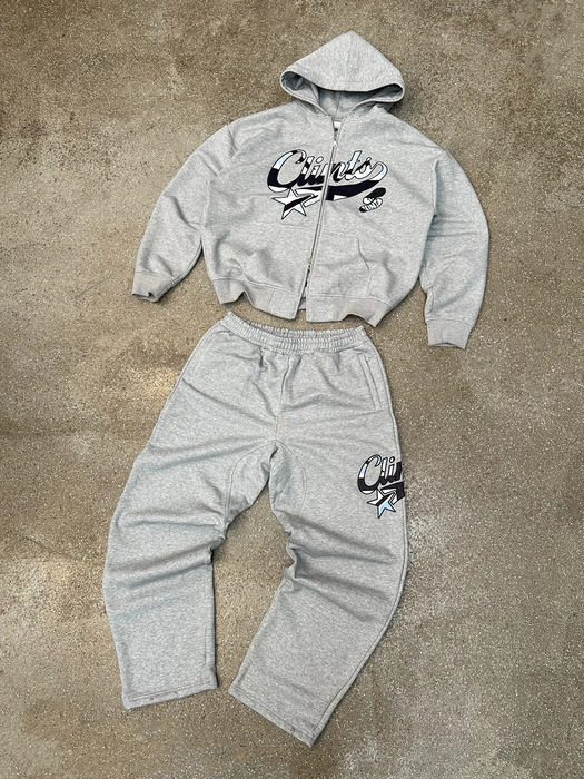 Streetwear Graffiti Lettering Zipper Hoodie Sweatpant Two Piece Y2K Suit Men Women Retro Casual Pant Sweatshirt Gray Sport Suit 250809