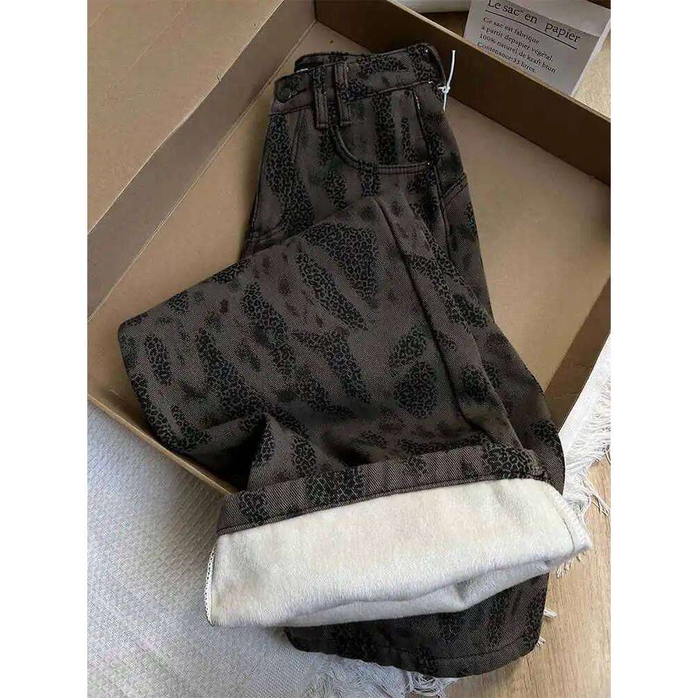 American Retro Leopard Jeans Women Autumn/Winter New High Waist Loose Thick Warm Denim Fashion Niche Straight Pants