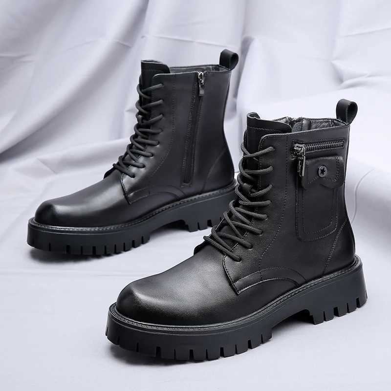 High Quality Men White Boots 2024 Fashion Zip Design Mens Leather Boot Anti-slip Lace-up Man Platform Boots W250811