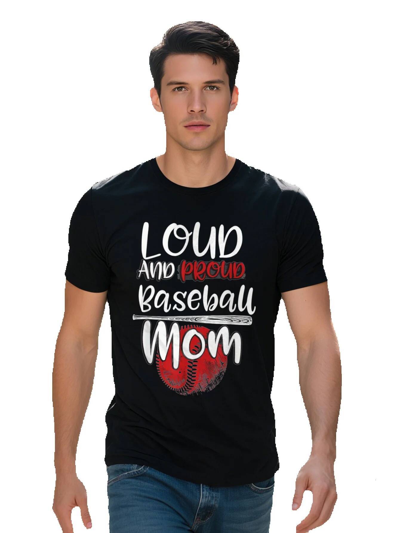 Loud and Proud Mom Graphic T-Shirt Cotton Black with White Red Design Casual Crew Neck Perfect Gift for d421c 3f08c