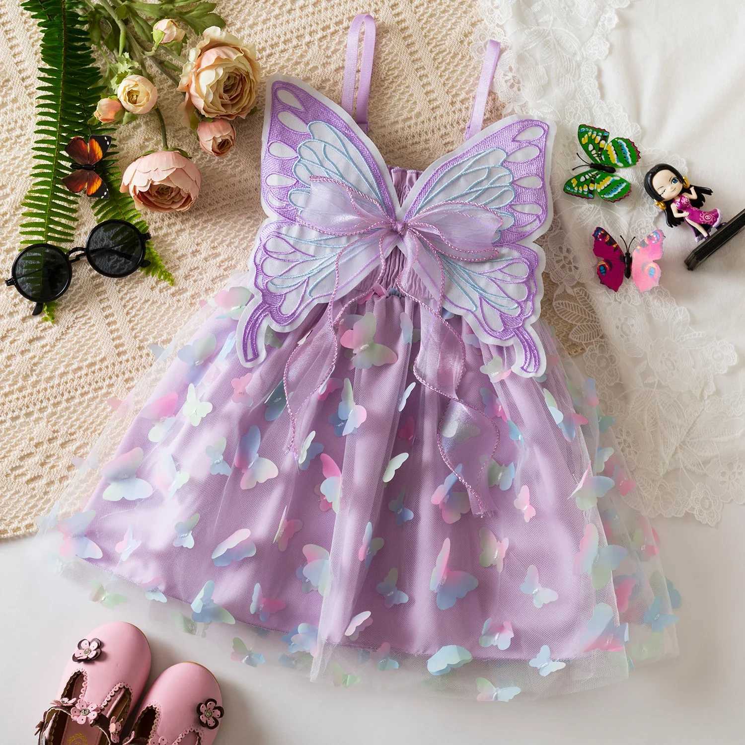 Fairy Butterfly Dress for Girls Sling Tulle Wrinkle Dresses Kids Birthday and Weddings Dress with Rainbow Butterfly for 2-6 Years W250811