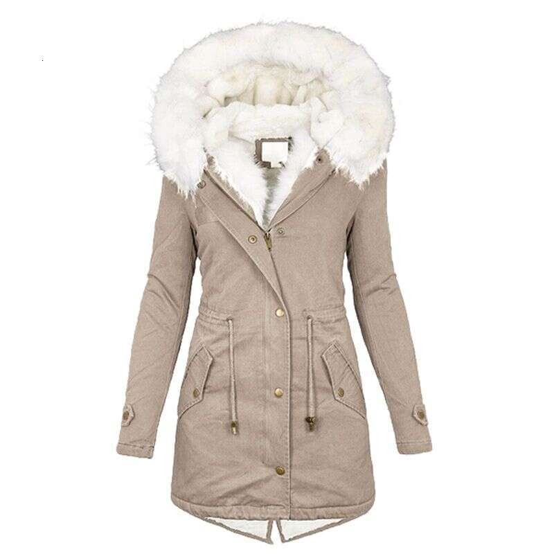 Women's cotton jacket with hooded leather collar, waist circumference, and thickened mid length