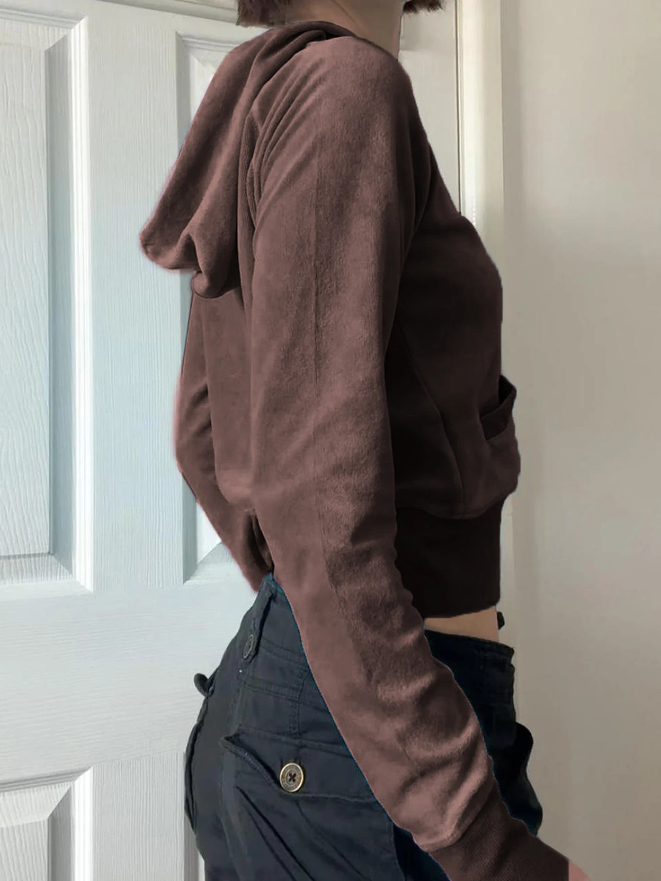 Rockmore Y2k Zip Up Cropped Hoodie Solid Velvet Goth Jacket Aesthetic Vintage Slim Autumn Coats Retro 2000s Long Sleeve Top Chic 250809