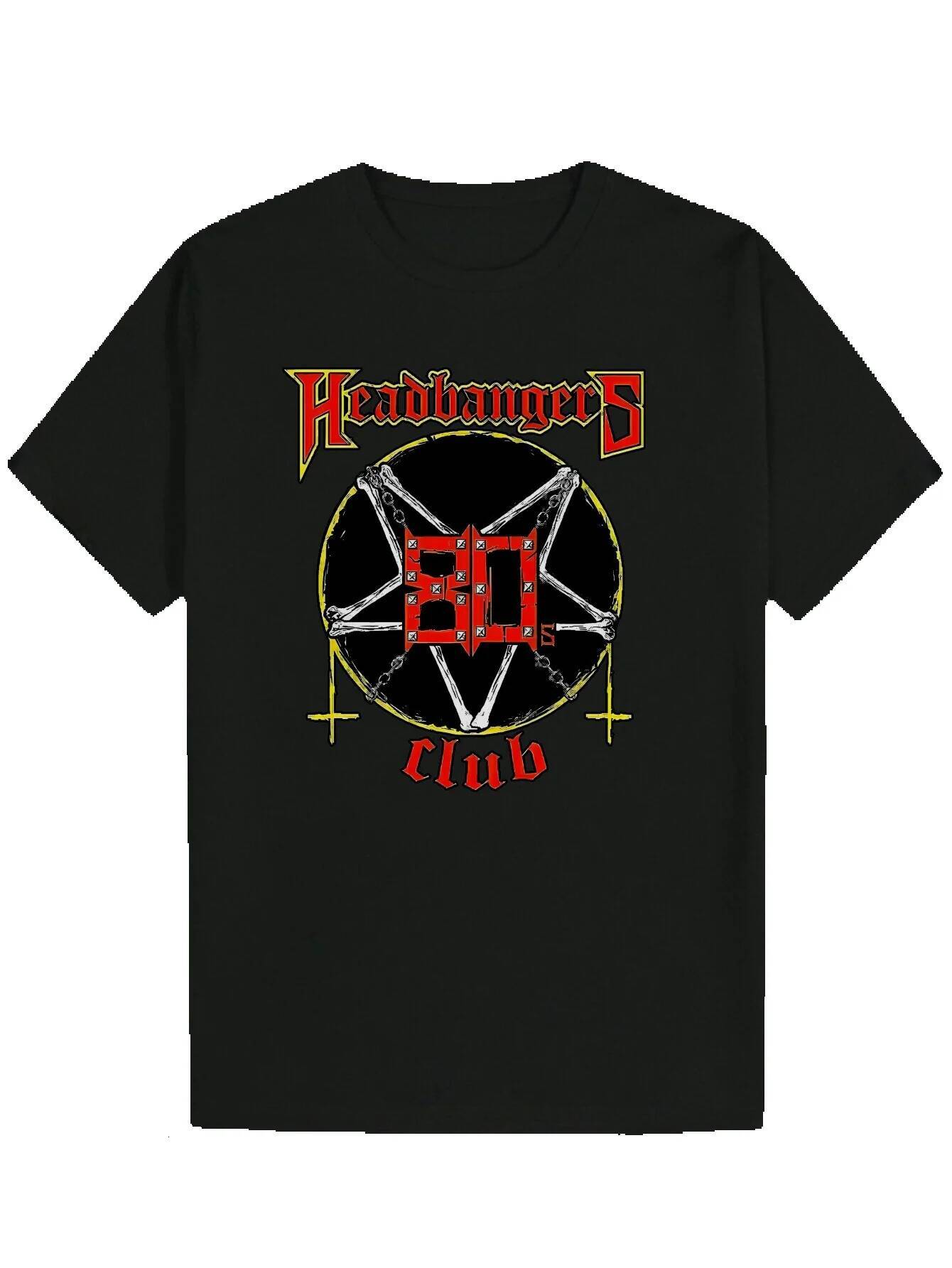 Men's Summer Casual Graphic T-Shirt - Headbanger 80 Club Design with Pentagram and Cross Sword, Black Polyester Crew Neck Machine Washable, Suita