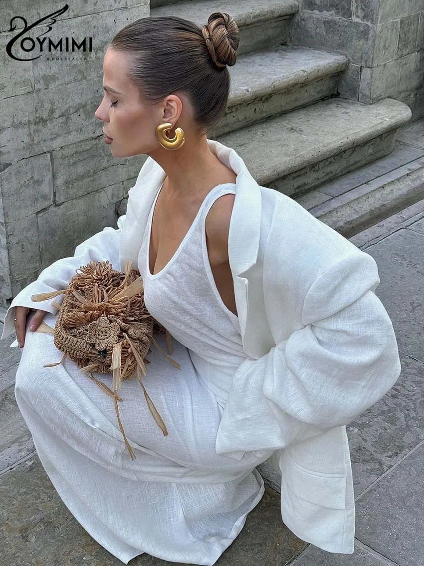 Oymimi Casual White Two Piece Set For Women Elegant Long Sleeve Pockets Blazers And High Waist Straight Floor-Length Skirts Sets 250811