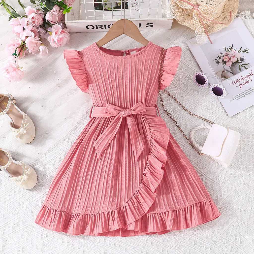 Summer Kids Dresses for Girls Ruffle Sleeve Birthday Party Clothes Solid Color Sweet Princess Dress Children Holiday Wear 3-8 Years W250811