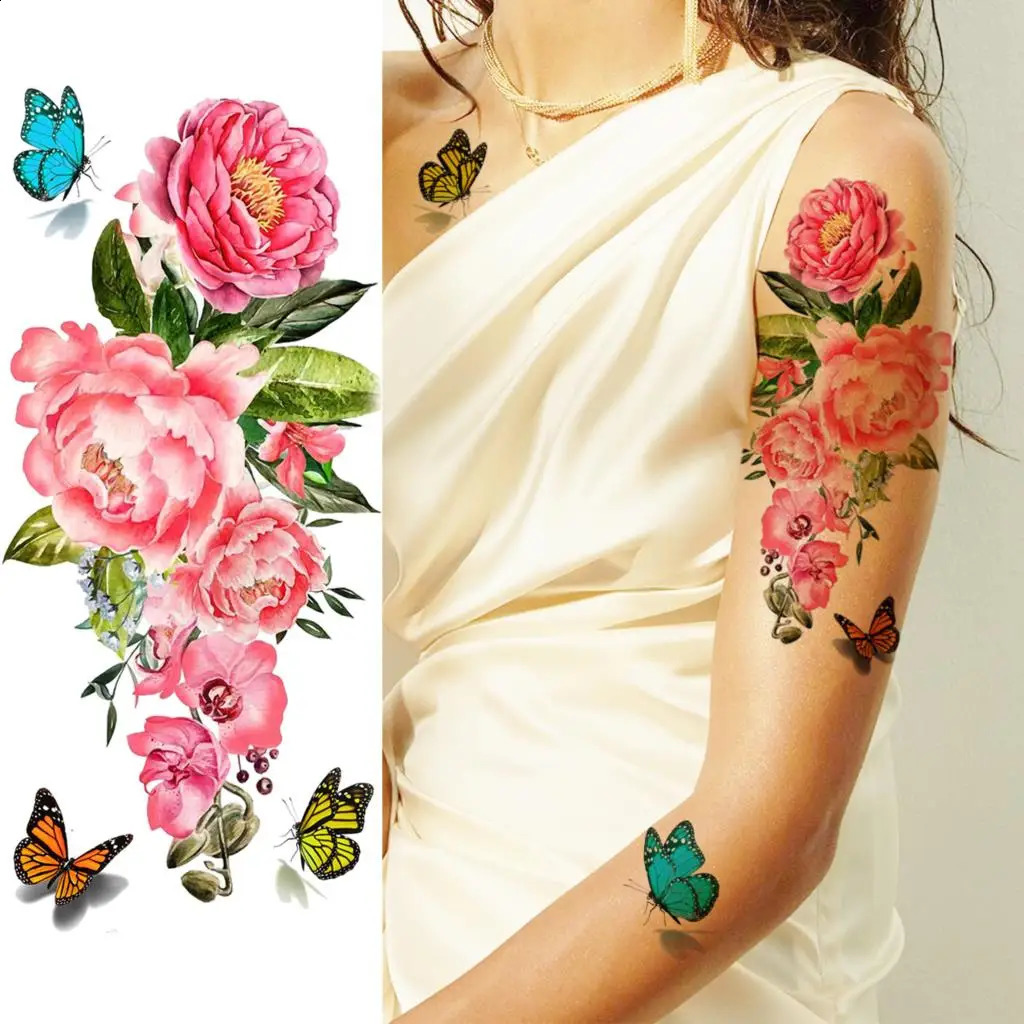 Watercolor Peony Flower Temporary Tattoos For Women Adult Girl Rose Butterfly Tattoo Stylish Waterproof Arm Tatoos Sticker 250809