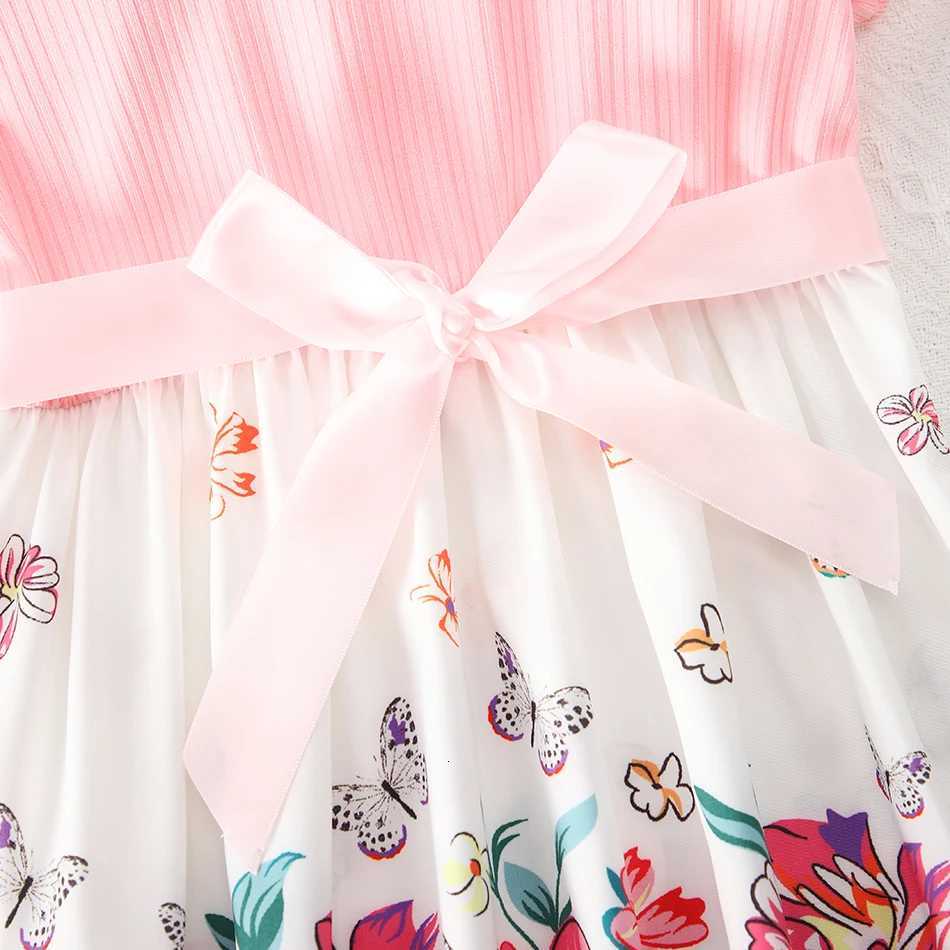 2025 Girls Summer Print Flower Spliced 2-10 Years Baby Girl Floral Princess Summer Dress with Ruffled Sleeves W250811