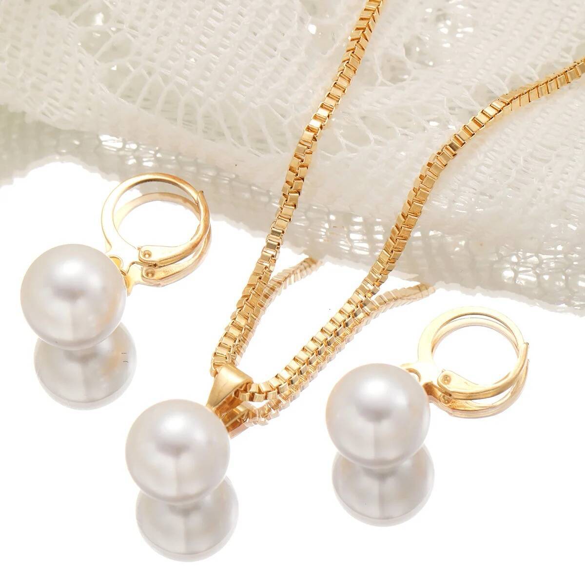 3 Pcs Round Pearl Of Earring Pendant Necklace For Women Exquisite Fashion Rhinestone Double Wedding Jewelry Set Gift