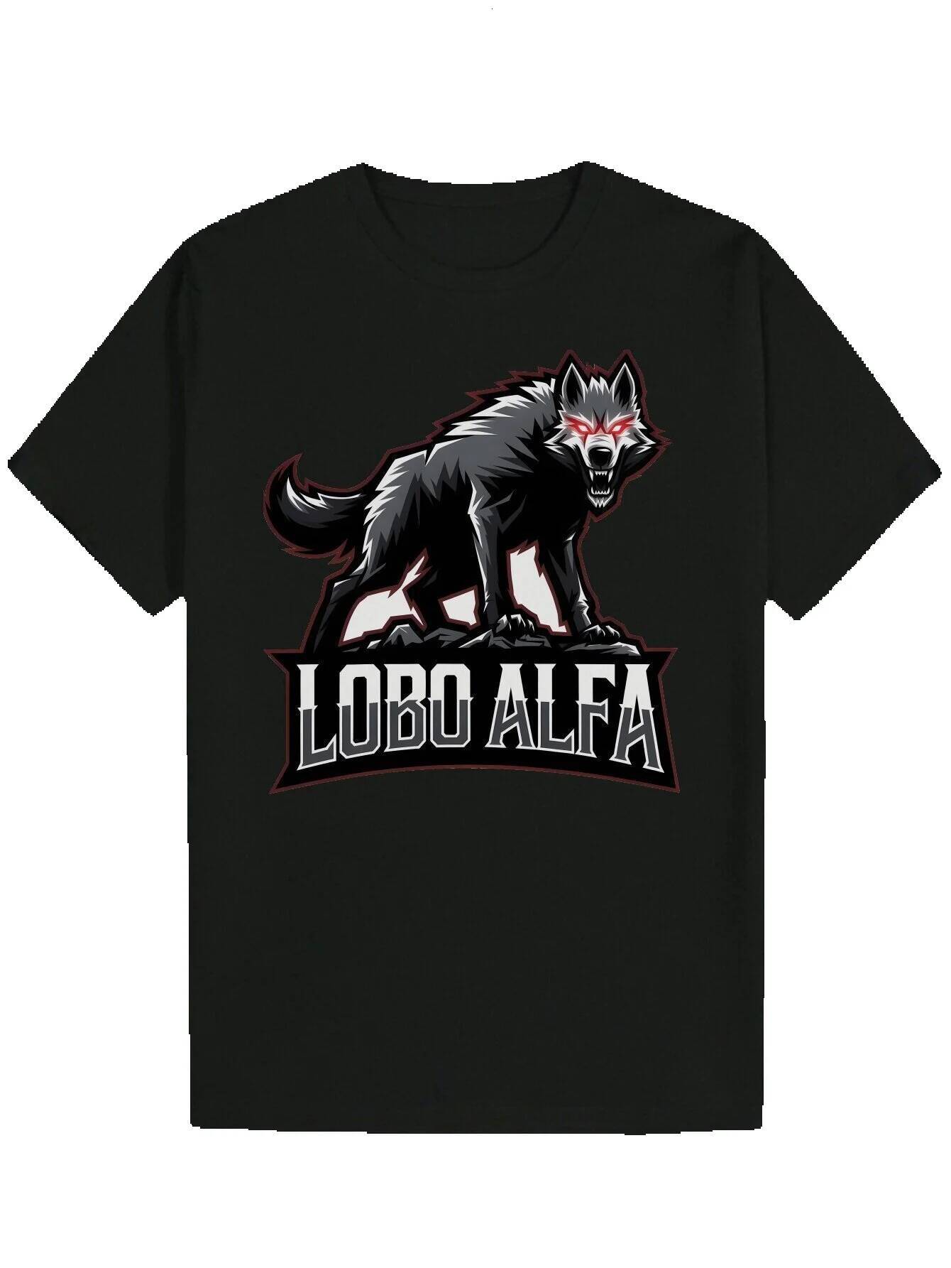 Men's Casual Crew Neck T-Shirt, 100% Polyester Knit Fabric, Regular Fit, with Lobo Alfa Wolf Pattern Print, Suitable for Summer T-Shirt