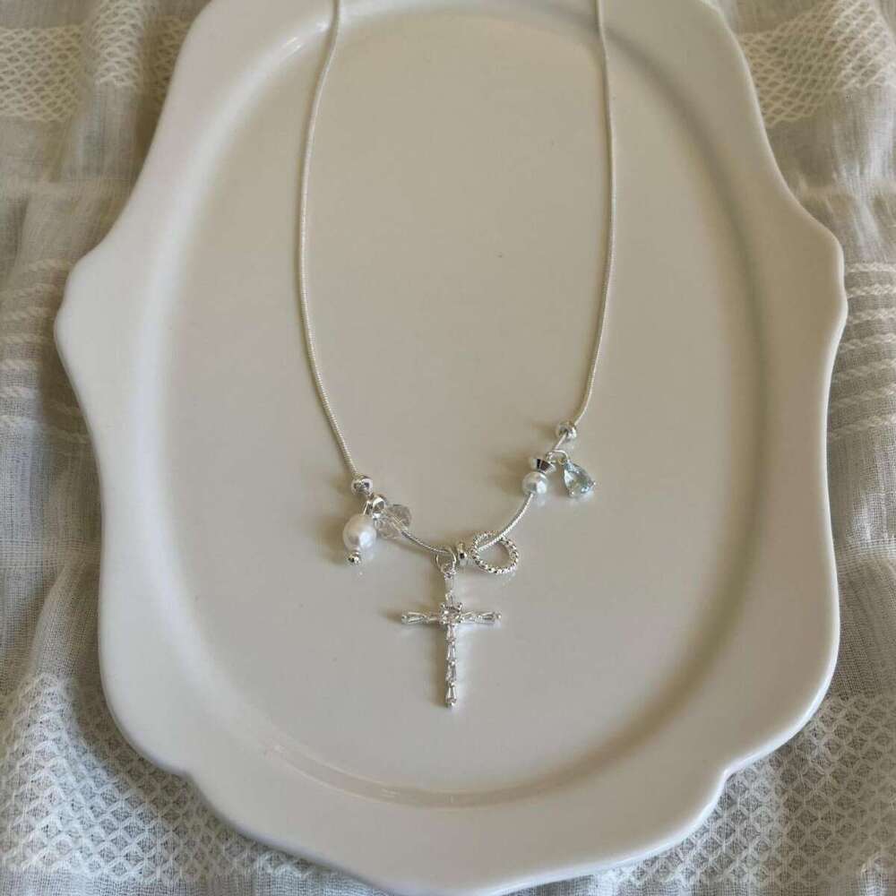 Natural Pearl Blue Water Drop Zircon Collarbone Chain Elegant High-end Fresh Versatile Cross Internet Celebrity Necklace
