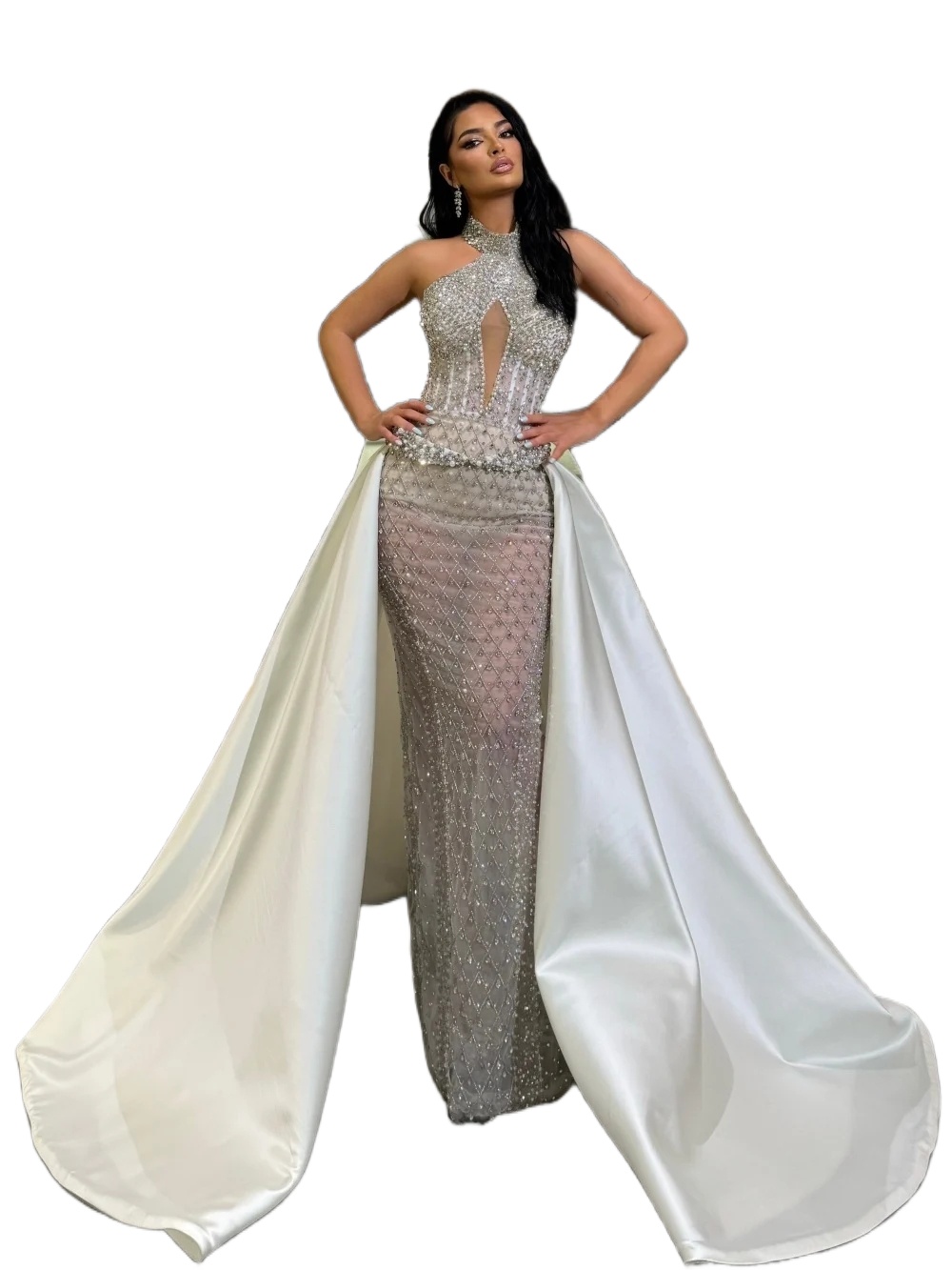 Gorgeous Wedding Dresses High Neck Bridal Gowns Overskirts Pearls Rhinestone Sleeveless See Through Mermaid Customized Vestidos De Novia Plus Size