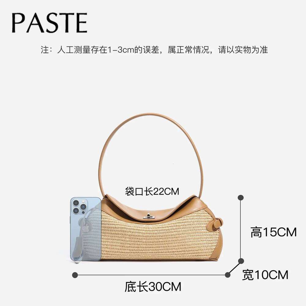 Leisure Handmade Woven Grass Weaving Summer Beach Tote Bag All-match Straw+ Split Leather Long-handle Women Handbag Hit-color
