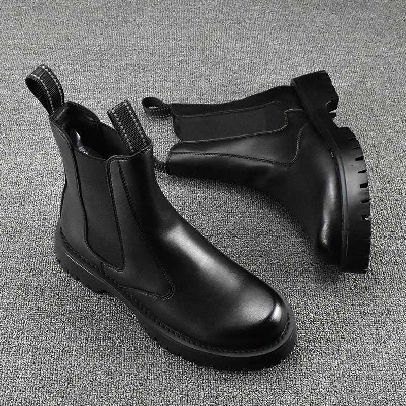 Korean Style Mens Chelsea Boots Black White Casual Shoes Stage Nightclub High Motorcycle Boot Original Leather Platform Botas W250811