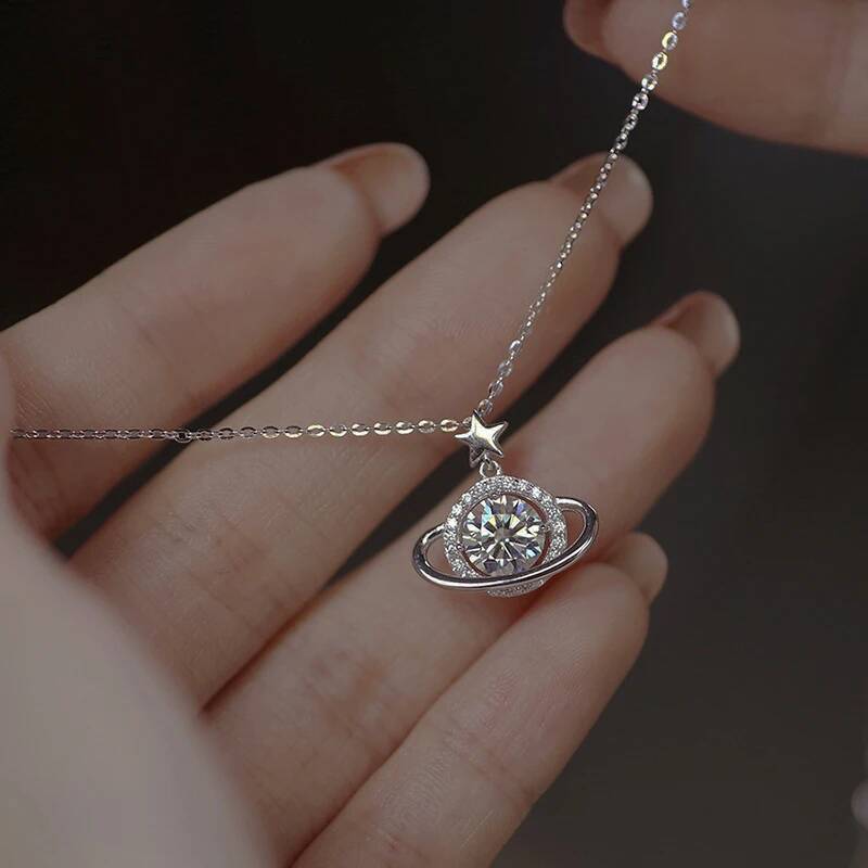 Sterling Sier Planet Necklace Simple Charm Shiny Geometric Shape Pendant Birthday Gift for Women Exquisite Jewelry