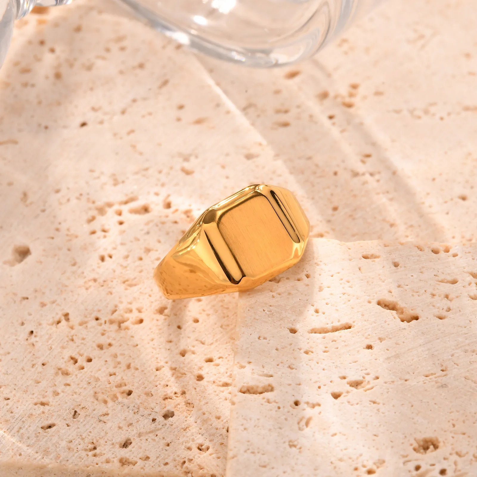 Square Signet Ring for Men WomenGold Color Stainless Steel Ring Plain Band RingStatement Chunky Ring Band Thumb Ring 250805