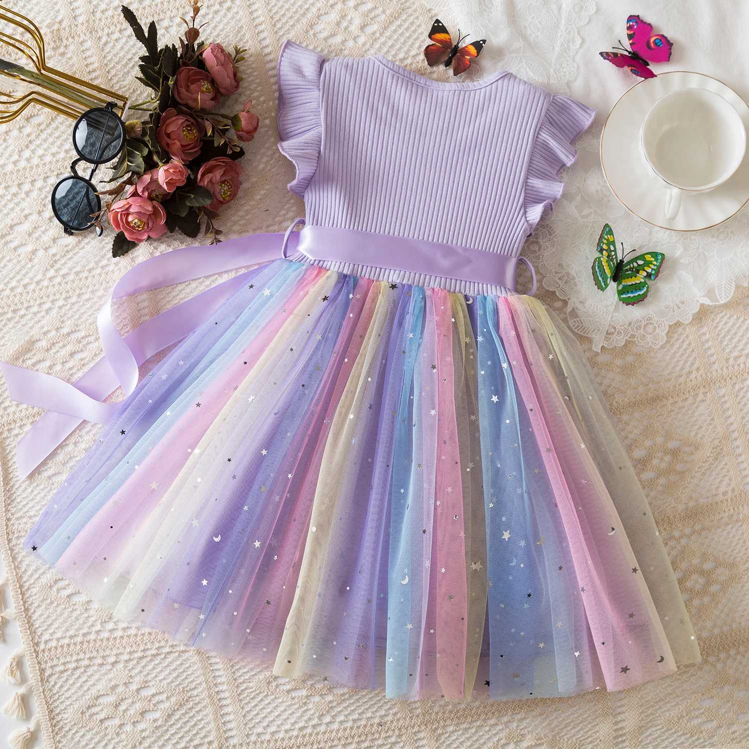 1-5 Years Old Baby Girls Sequins Dress for Birthday Toddler Girls Rainbow Tulle Dress Sweet Kids Princess Dress for Girls Summer Wear W250811