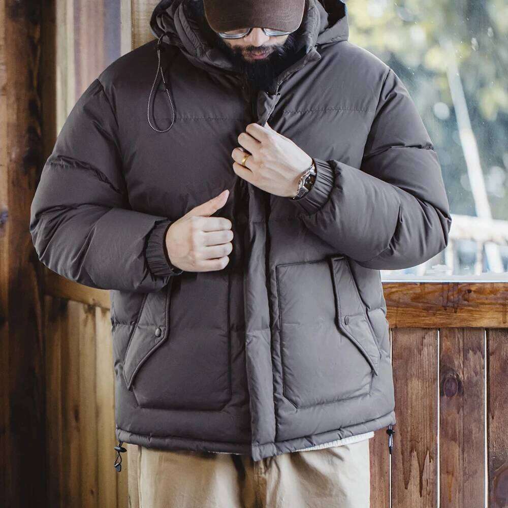 Maden Winter Wax Surface Down Jacket for Men Removable Hooded Thickened Warm Stand-up Collar Coat Men's Padded Outer Clothing